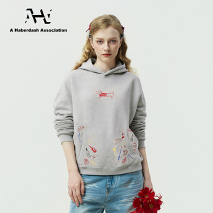 AHA爱侈艾·卡通趣味涂鸦印花闪钻25秋冬加绒宽松廓形连帽衫 卫衣