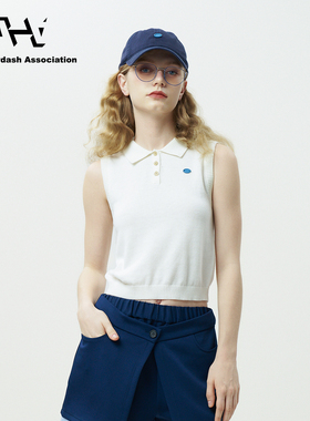 AHA爱侈艾·学院风蓝标25夏女款纽扣撞色POLO领修身套头针织衫