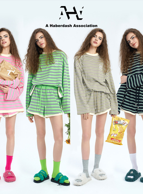 AHA爱侈艾·条纹贝壳刺绣长袖T恤短裤女春夏季慵懒风休闲两件套装