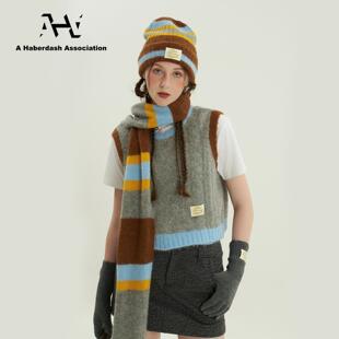 AHA爱侈艾·【丁程鑫同款】学院风彩条纹羊驼毛混纺秋冬帽子围巾