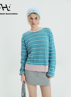 AHA爱侈艾·【艾米同款】拼色金标条纹长袖休闲打底衫春夏上衣