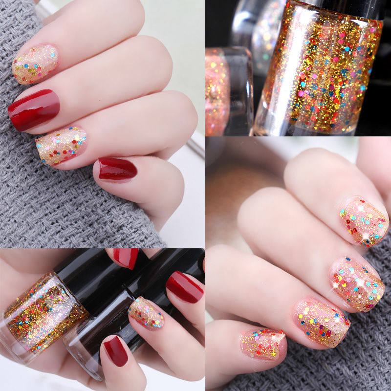 指甲油免烤无毒亮晶晶网红金银亮片车厘子酒红持久不可撕套装学生