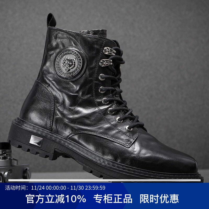 欧洲站厚底马丁靴男中帮真皮皮靴冬季潮流时尚工装靴子男加绒保暖