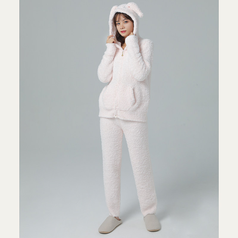 莲娜柔女半边绒针织拉链帽衫睡衣