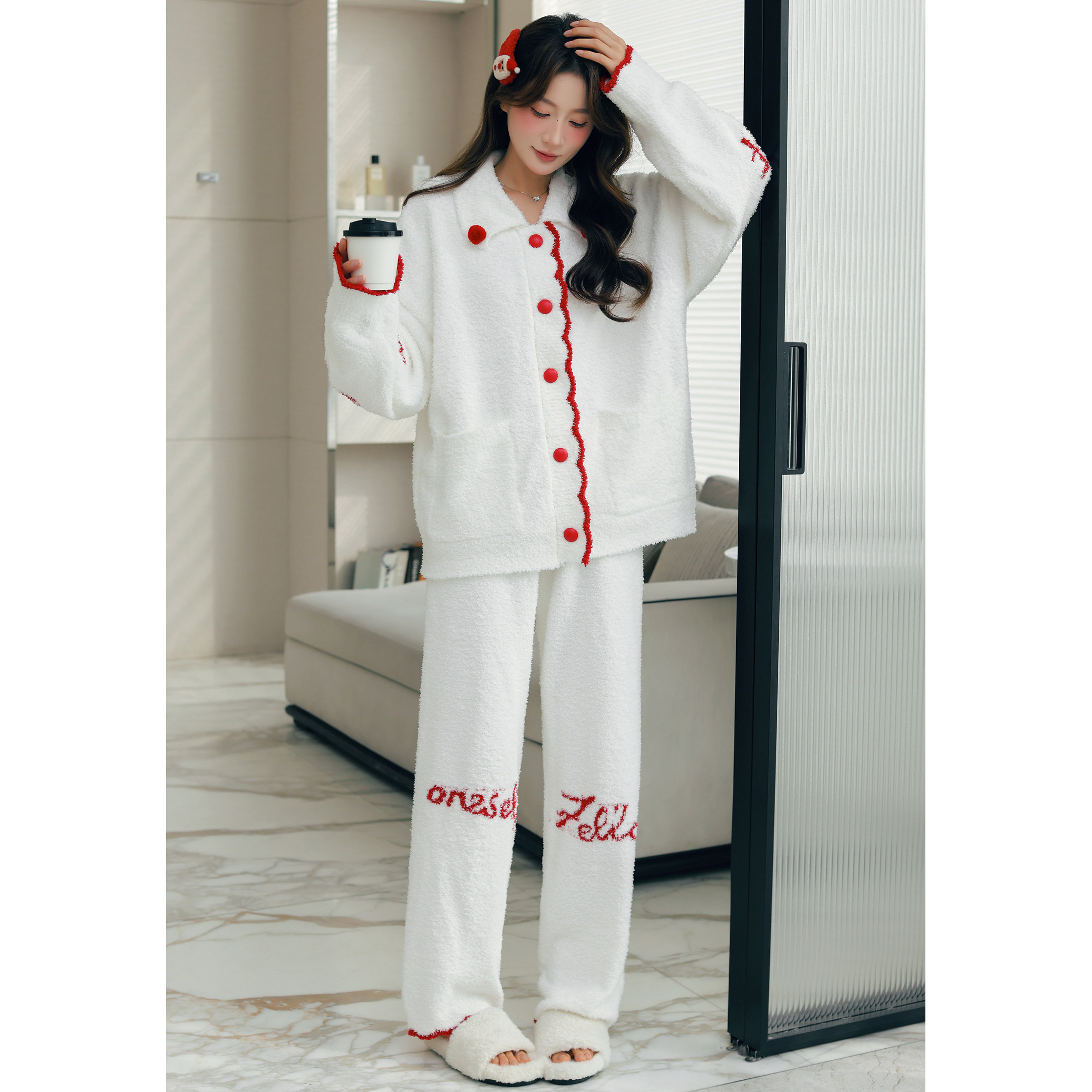 半边绒睡衣女秋冬加厚开衫针织家居服套装珊瑚绒月子服可外穿A类