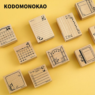 日本KODOMO NO KAO动物主题手账印章 木制印章 熊猫月历 点阵横线