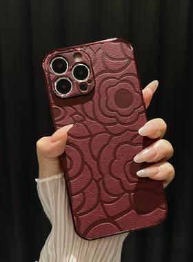 2025山茶花皮纹适用苹果16/11/iphone/14/15/13/12promax红色手机壳华为mate70女款Pura70手绳OPPOreno12