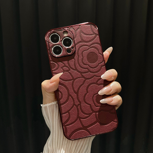 2025山茶花皮纹适用苹果16/11/iphone/14/15/13/12promax红色手机壳华为mate70女款Pura70手绳OPPOreno12