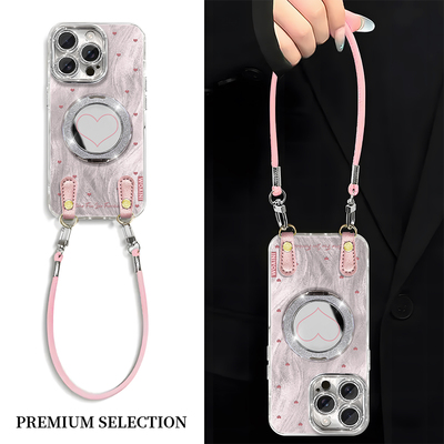 粉色爱心波点时尚镜子适用苹果16promax/13/15/华为Pura70新款羽纱mate40pro女vivox90/opporeno9挂绳手机壳