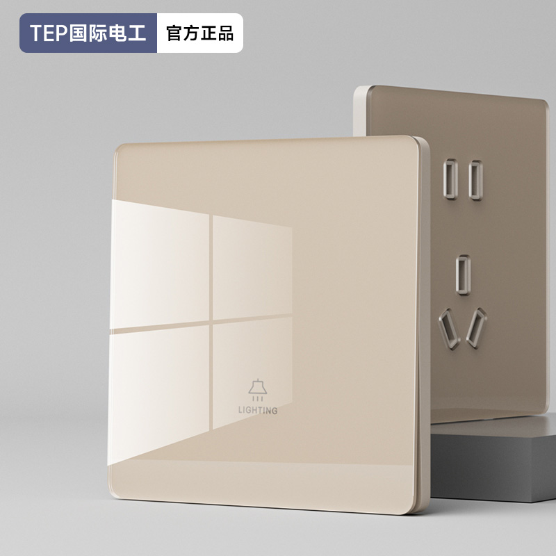 TEP国际电工暖白镜面超薄一开16a三孔单控开关暗装5孔USB插座面板