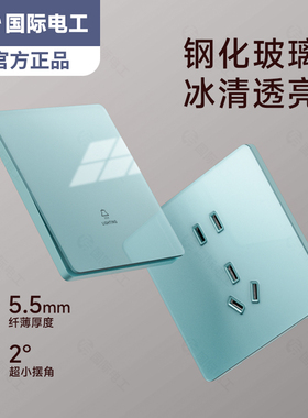 国际电工蓝色光面超薄开关插座暗装家用玻璃一开5五孔带多孔面板