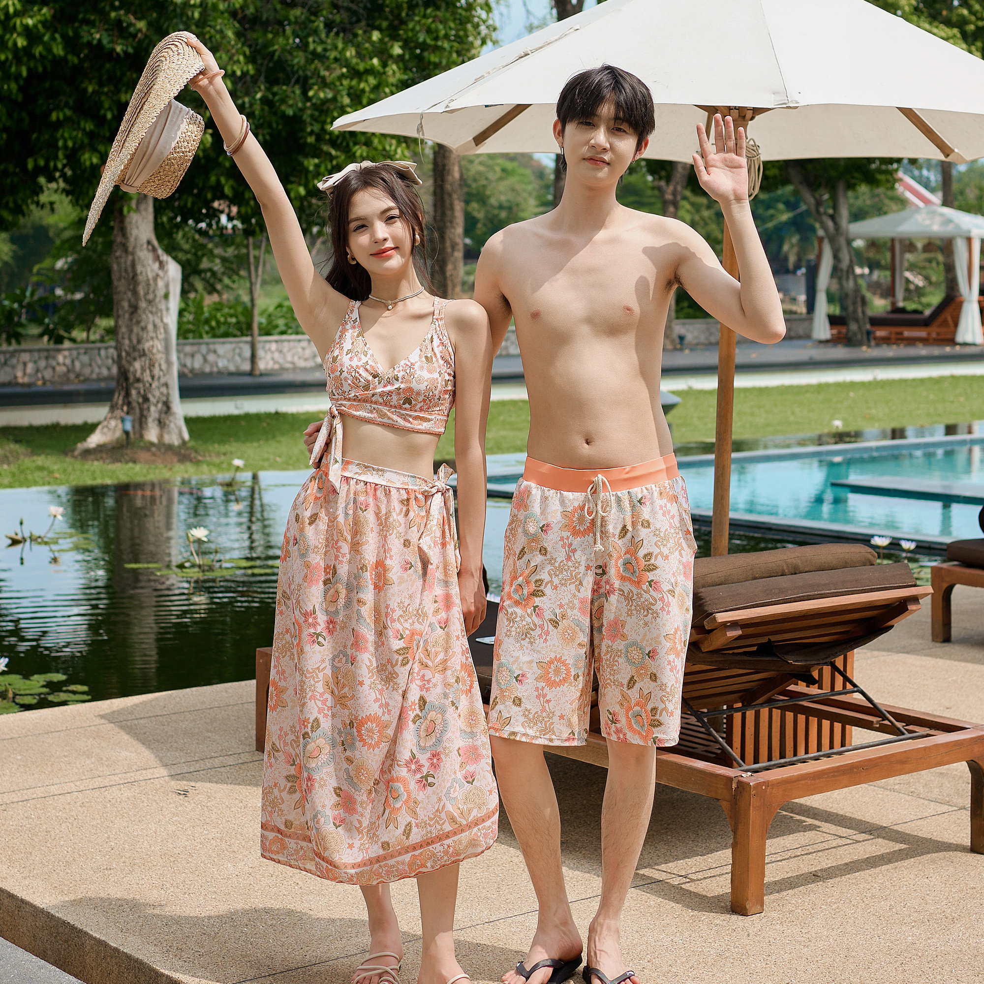 新款情侣泳衣分体三件套仙女范儿长裙时尚性感比基尼温泉海边度假