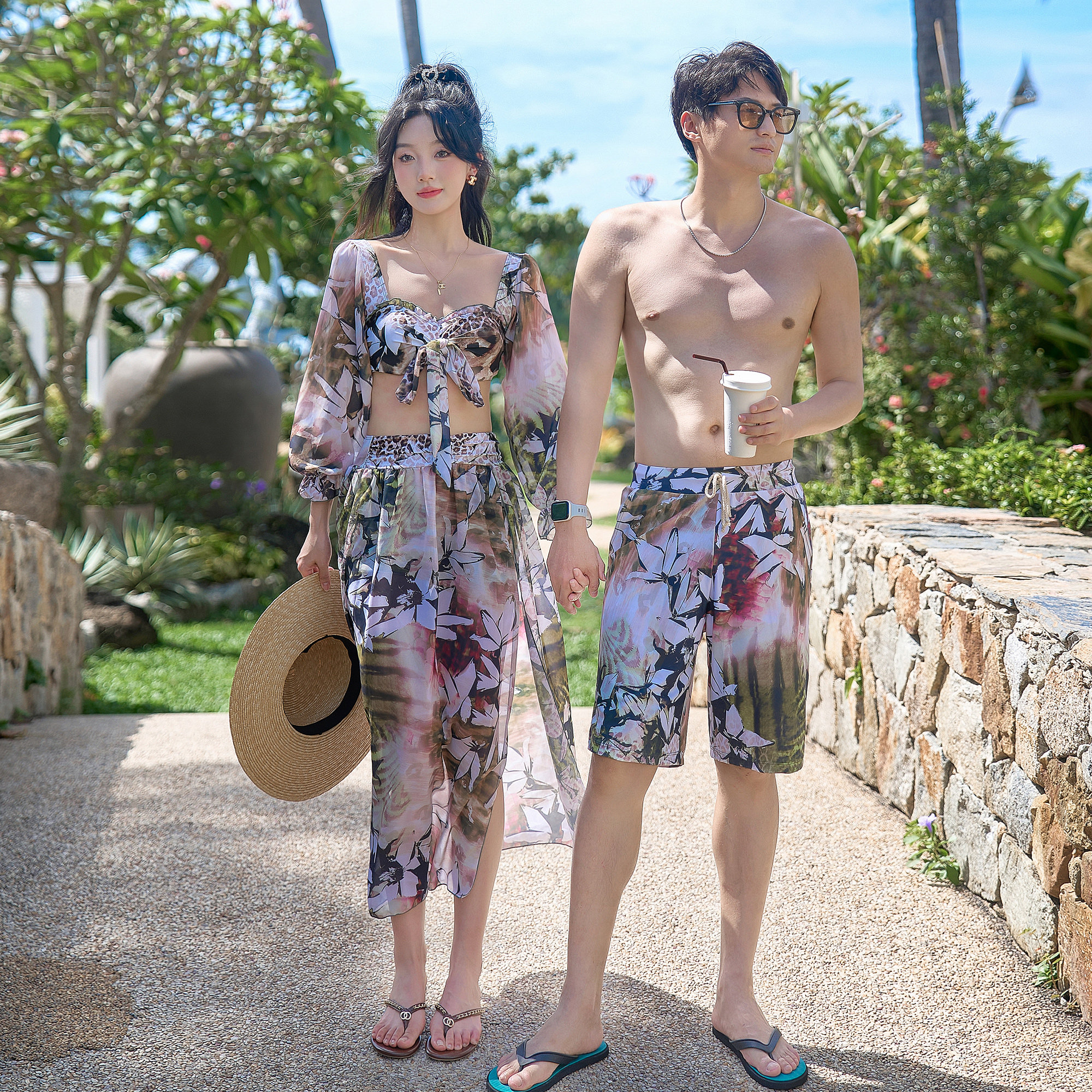 新款情侣泳衣长袖海边度假三件套沙滩比基尼性感分体高颜值泳装