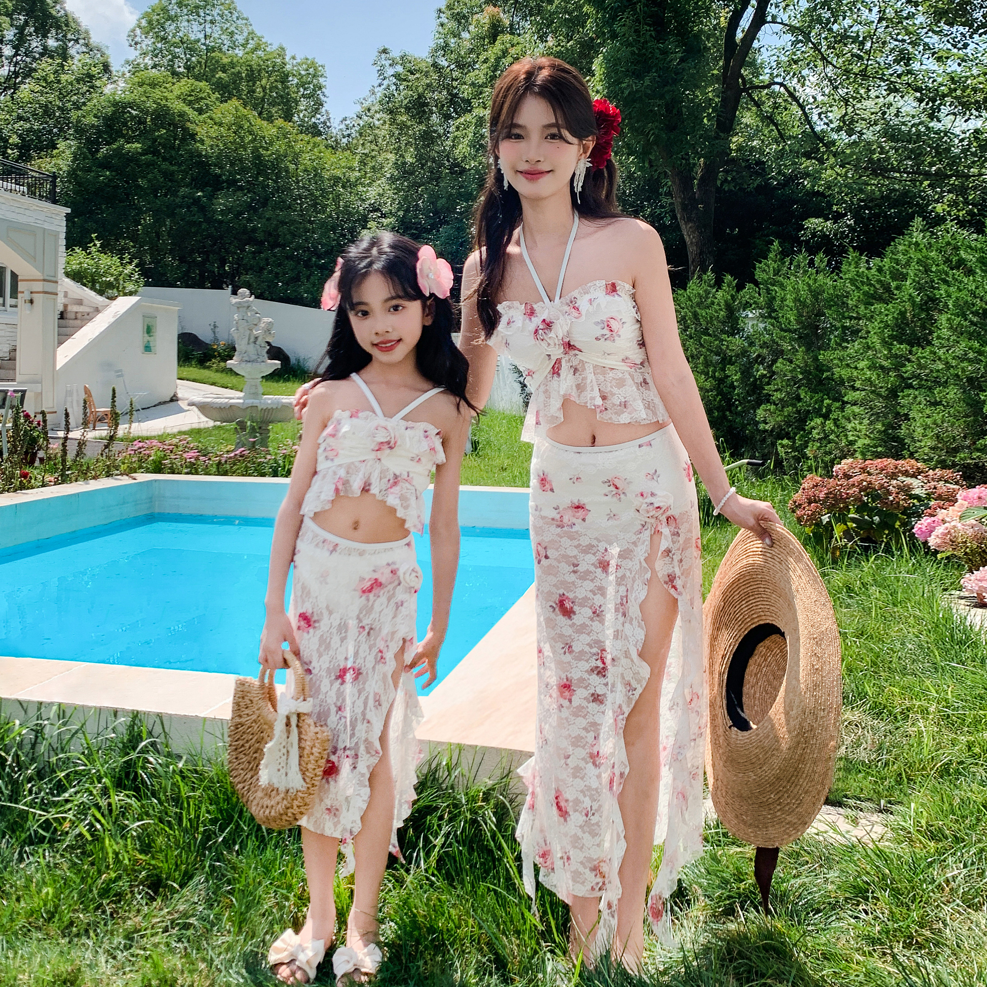 新款美人鱼亲子泳衣母女小众ins风分体三件套家庭装女童女孩温泉