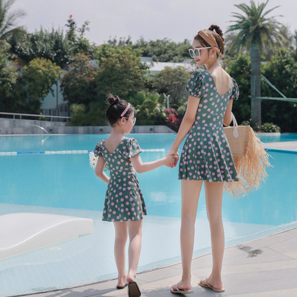 新款家庭亲子泳衣母女连体裙式女童女孩中小童可爱游泳衣沙滩泳装