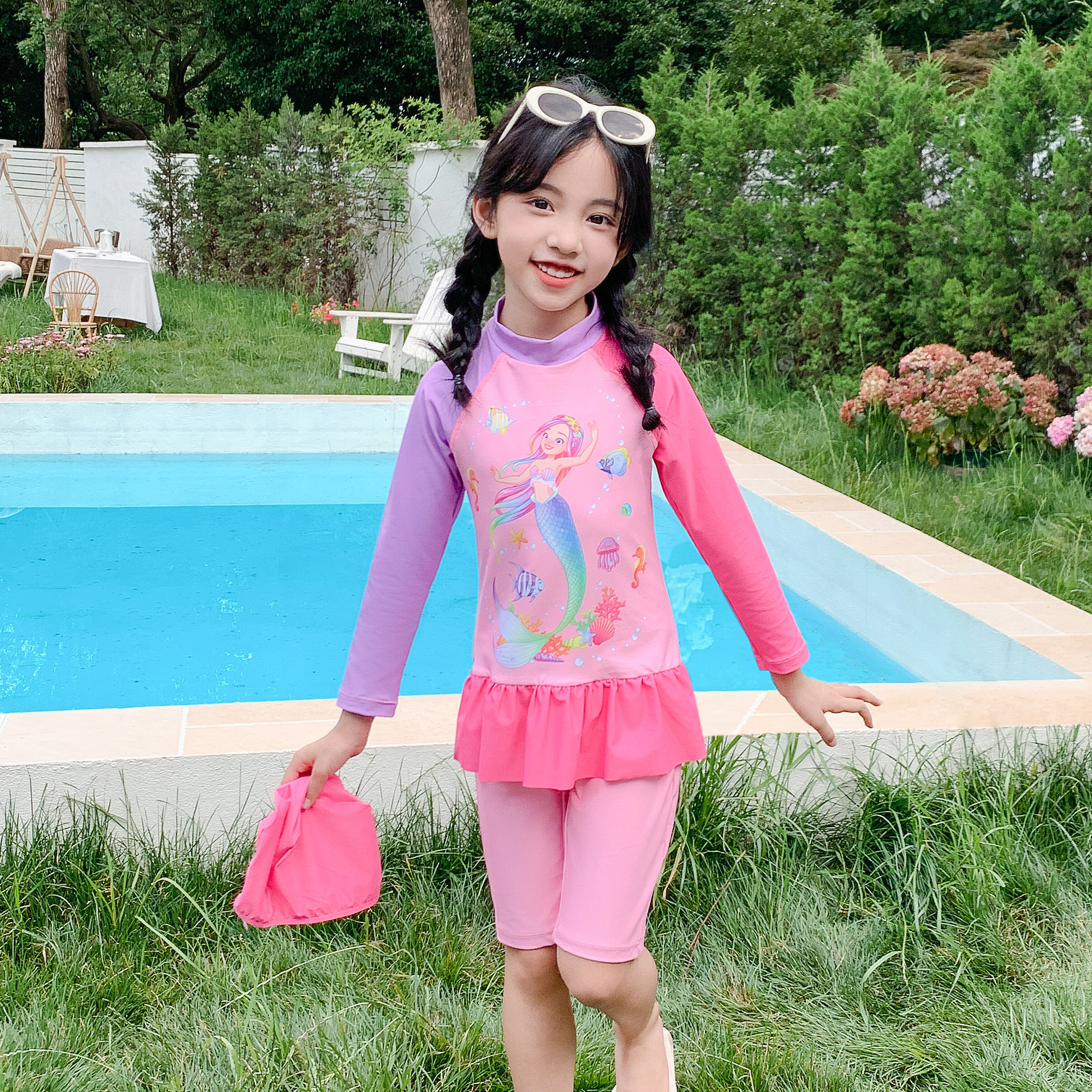 新款分体女童泳衣中小童粉色可爱长袖防晒女孩公主洋气水上乐园