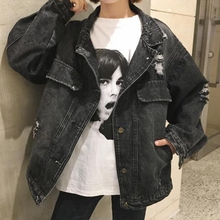 显瘦学生bf宽松破洞潮夹克褂子上衣 黑色牛仔外套女生2019春季 韩版