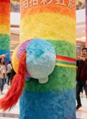 2026新年商场节日氛围布置卡通拍马屁毛绒柱子打卡拍照美陈装饰品