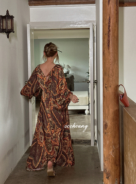 CCCHEUNG 5.31晚8波西米亚民族风摩洛哥度假印花灯笼袖收腰连衣裙