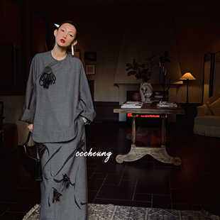 手工钉珠立体花半裙套装 墨羽极简老钱风新中式 5DCV8239 喜一兮