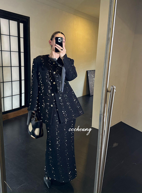 CCCHEUNG11.11晚6经典廓形秋冬手工亮片外套高腰显瘦半裙小香套装