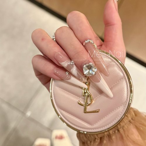 纯欲淡粉色法式飘带纯手工穿戴甲