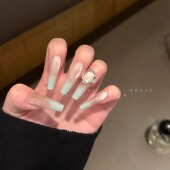 Meil 梯形薄荷色渐变猫眼美甲穿戴甲可拆卸 中长款 Nail 海盐汽水