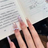 Meil 手绘蝴蝶结猫眼香芋紫色纯手工穿戴甲 中长款 Nail 芋紫啵啵