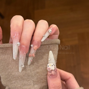 中长款 Kitty饼干 爆闪渐变Kitty猫蝴蝶结纯手工穿戴甲 Nail Meil