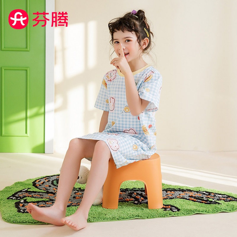 芬腾短袖格子兔子连衣睡裙女儿童