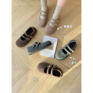 厚底毛毛鞋女冬季加绒毛呢灰色平底勃肯鞋内增高一字带玛丽珍棉鞋