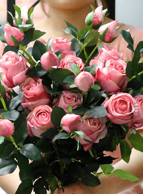 保加利亚玫瑰花彷真花束假花摆设欧式塑料花装饰绢花客厅餐桌摆件