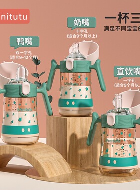 Minitutu感温翻盖奶瓶PP材质水杯耐摔耐高温奶嘴鸭嘴学饮吸管杯