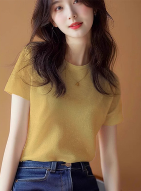 正肩黄色短袖t恤女夏季2025新款设计感小众宽松休闲时尚打底上衣