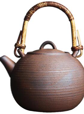 复火古粗陶老岩泥圆提梁茶壶ZCH藤煮把配件围炉炭电陶炉满烧水单