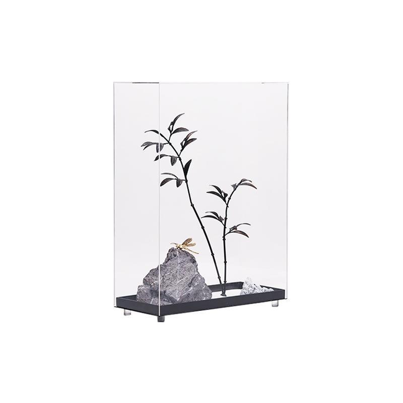 现代新中式透明罩子铁艺抽象山形金属竹子摆件样板房玄关艺术品