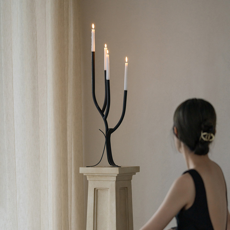 润家家居北欧轻奢复古烛台摆件黑色铁艺玄关装饰品高级感家居软装