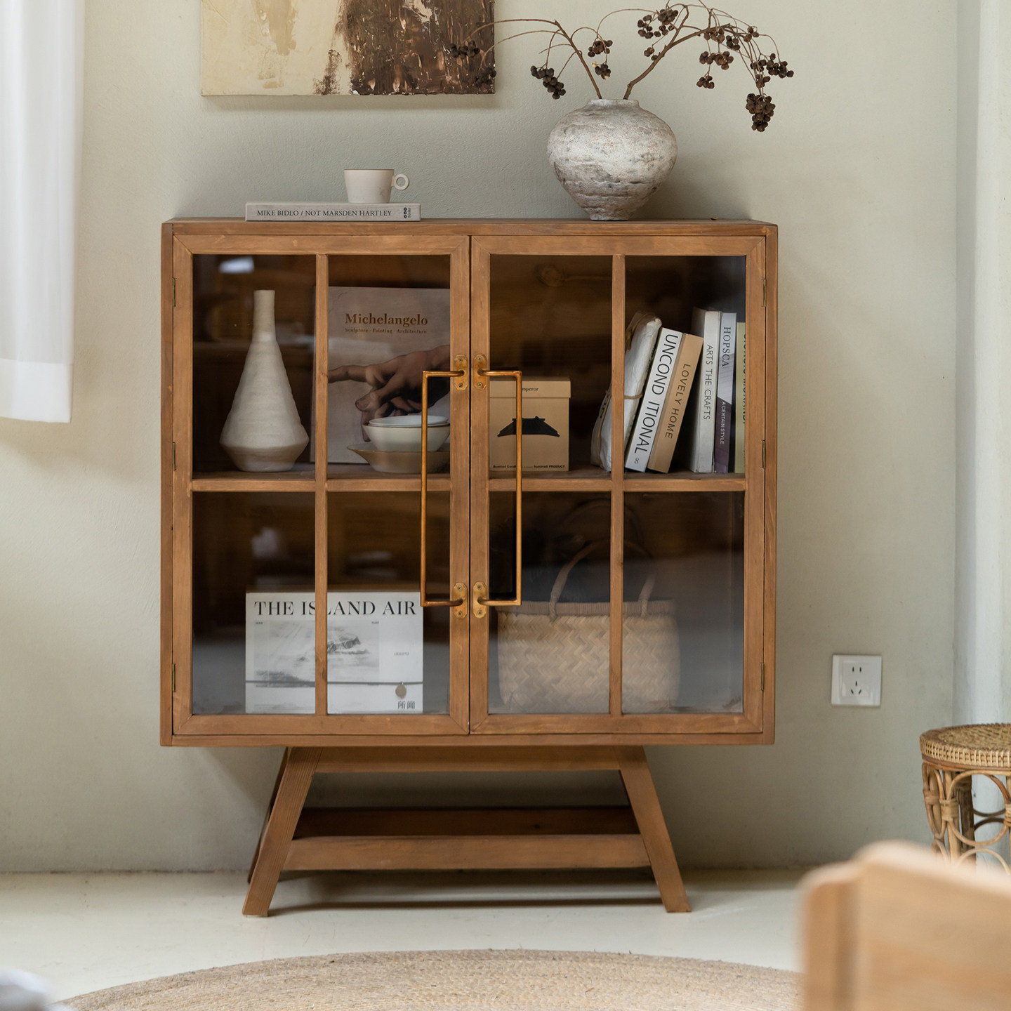 润家家居实木玻璃门收纳柜复古陈列柜展示柜侘寂风民宿餐边柜,住宅家具,家用陈列柜,淘宝优惠券,粉丝福利购,淘宝优惠卷