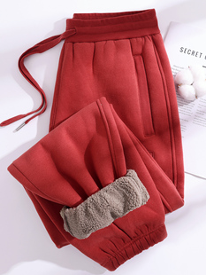 羊羔绒加绒加厚休闲卫裤女冬季2025新款砖红色外穿保暖御寒长裤子