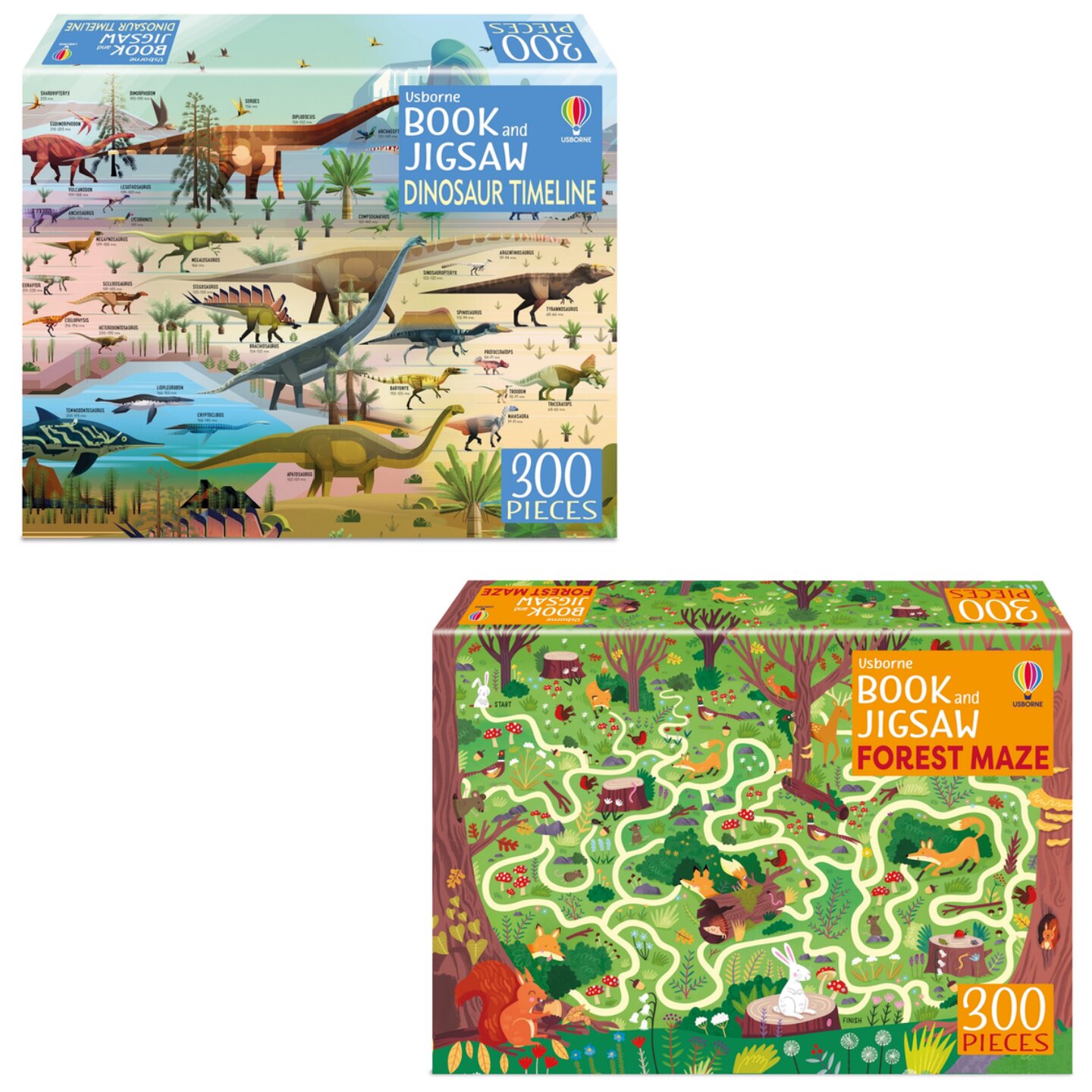 Usborne Book and Jigsaw 尤斯伯恩儿童益智游戏 书+拼图 Forest Dinosaur 恐龙时间线 森林迷宫 拼图礼盒 英文原版进口儿童图书
