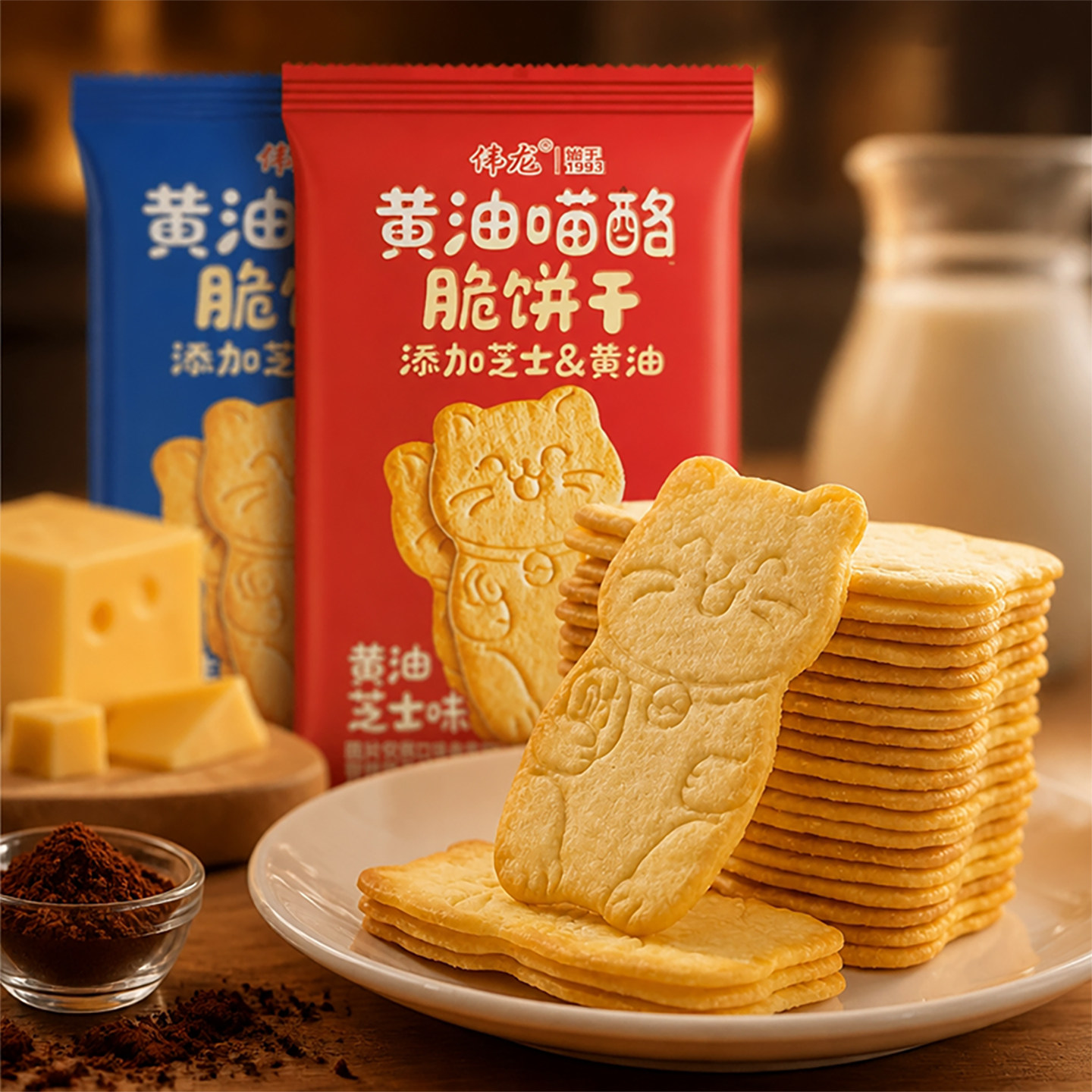 伟龙黄油喵酪脆饼干芝士黄油咖啡太妃糖薄脆饼干零食小吃点心食品