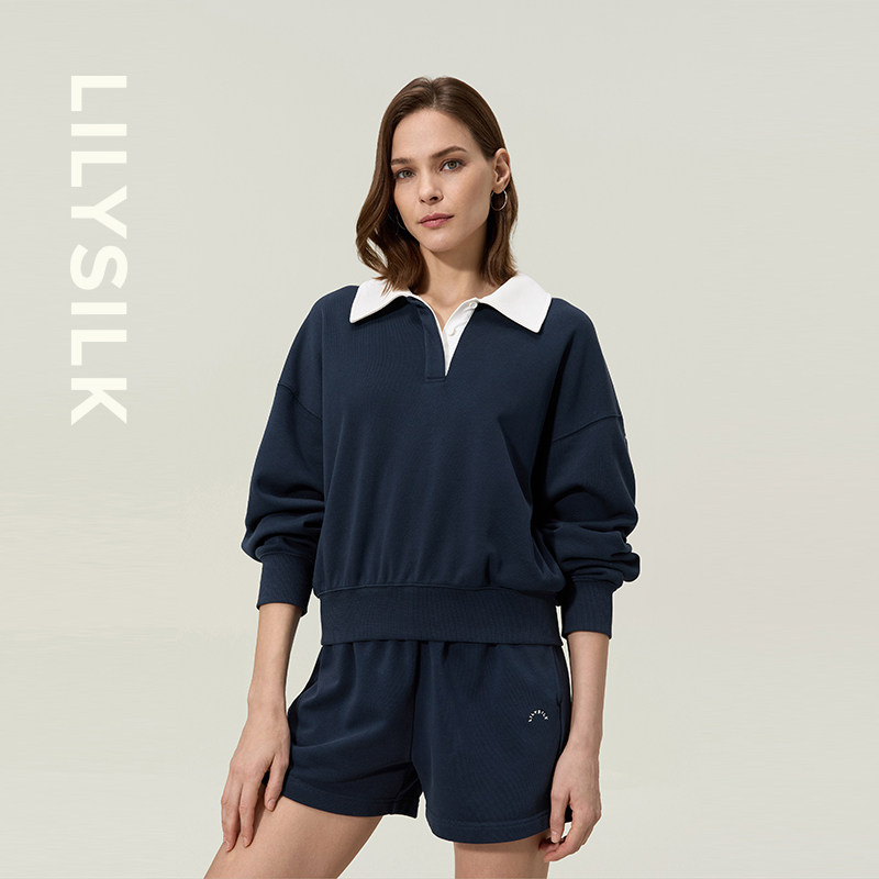 简约polo领短款卫衣莉莉秀客SILKERRY内里真丝休闲上衣LILYSILK