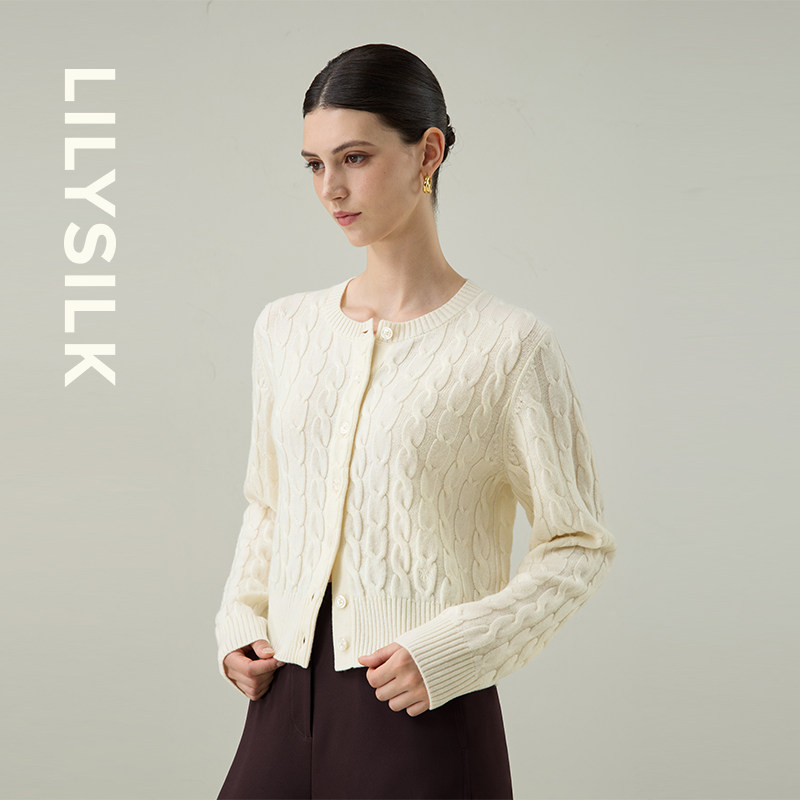 绞花短款针织开衫莉莉秀客复古圆领单排扣羊毛毛衣外套LILYSILK