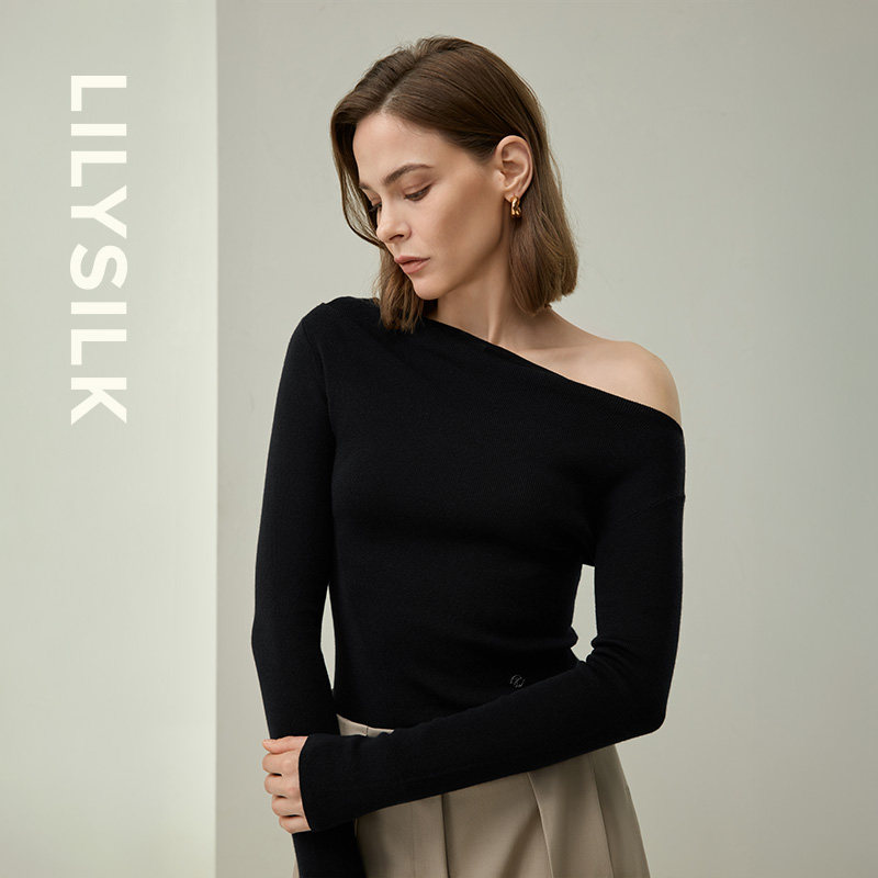 斜肩一字领针织打底衫莉莉秀客温柔修身露肩长袖羊毛内搭LILYSILK