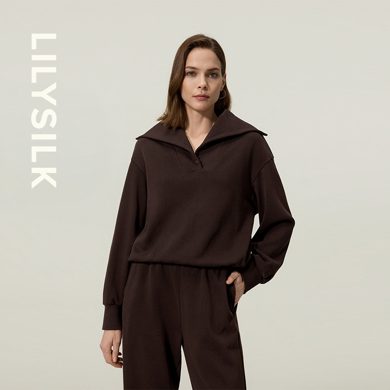大翻领短款卫衣莉莉秀客SILKERRY内里真丝半开扣套头衫LILYSILK