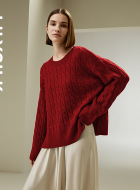 【明星同款】LILYSILK莉莉秀客100%羊毛毛衣氛围感大红绞花羊毛衫