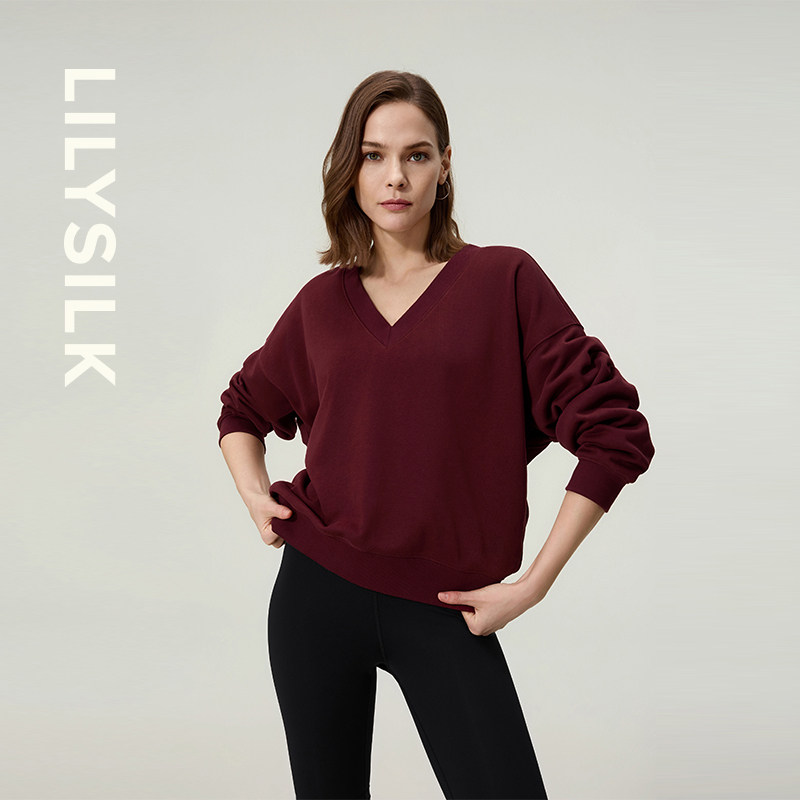 复古V领套头卫衣女莉莉秀客SILKERRY内里真丝宽松落肩LILYSILK