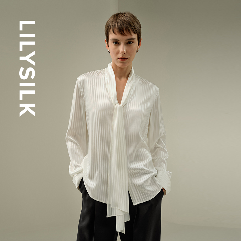 莉莉秀客LILYSILK秋冬新款桑蚕丝V领打结设计感通勤优雅长袖衬衫