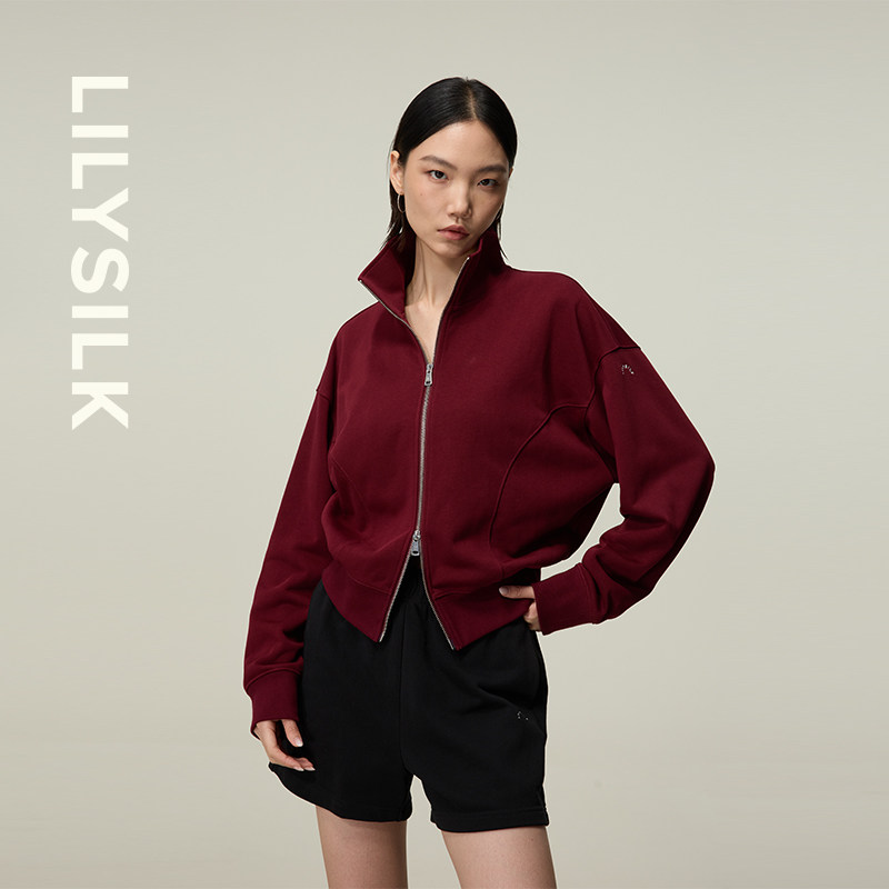 双拉链长袖卫衣莉莉秀客SILKERRY内里真丝立领休闲上衣LILYSILK