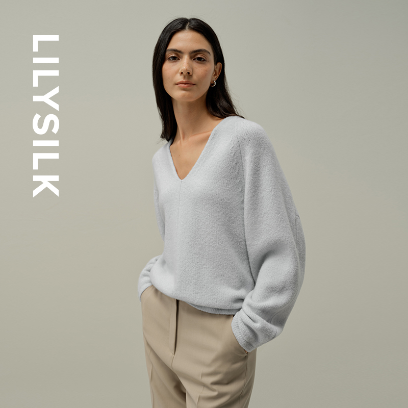 莉莉秀客LILYSILK25秋冬羊毛羊绒混纺V领宽松慵懒风系带针织毛衣